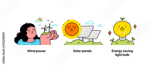 Eco friendly lifestyle and protecting the environment - set of business concept illustrations. Green energy and energy savings. Visual stories collection