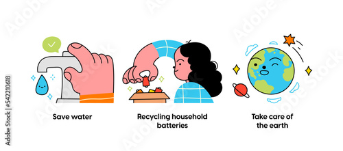 Eco friendly lifestyle and protecting the environment - set of business concept illustrations. Save water, Recycling battaries, Take care of the earth. Visual stories collection