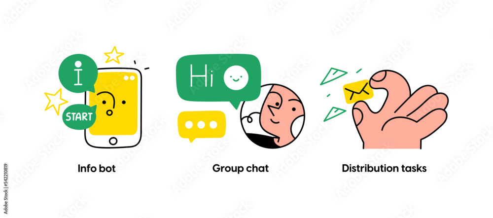 Fototapeta premium Educational and Self-Development. Concept for trainings, seminars, online courses. Info bot, Group chat, Distribution tasks. Visual stories collection