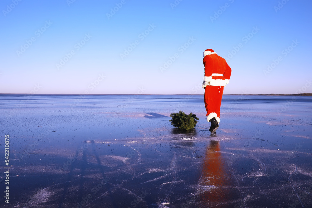 Naklejka premium Santa Claus on ice skates goes to Christmas. Santa Claus hurries to meet the New Year with gifts and Christmas tree.