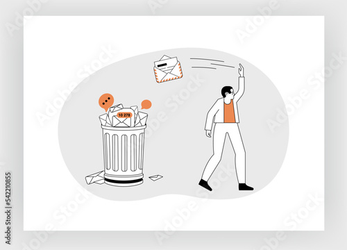 Unsubscribe screen with throwing man. Unfollow concept. Spamming. Many incoming emails. Template web banner, mobile app. Flat vector illustration on white background.

