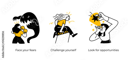 Personal, professional growth and self development business concept illustrations. Face your fears, Challange yourself, Look for opportunities. Visual stories collection
