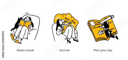 Personal, professional growth and self development business concept illustrations. Read a book, Journal, Plan your day. Visual stories collection
