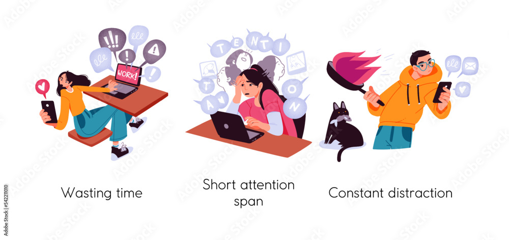 Modern social media problems, peculiarities and differences. Concept business illustrations. Wasting time, Short attention span, Constant distraction. Visual stories collection