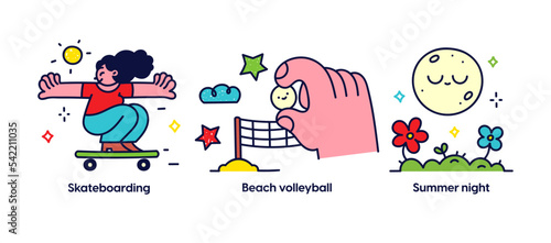 Summer activities and vacation concept illustrations. Skateboarding, Beach volleyball, Summer night. Visual stories collection