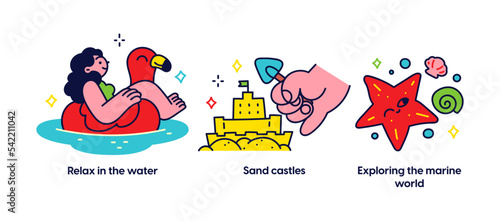 Summer activities and vacation concept illustrations. Collect shells, Sunbathing, Yummy ice-cream. Relax in the water, Sand castles, Exploring the marine world. Visual stories collection