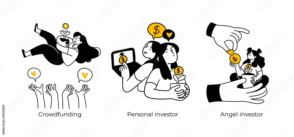 Stock trading, stakeholder, investment, analysis, trader strategy concept illustrations - abstract business concept illustrations. Crowdfunding, Personal investor, Angel investor. 