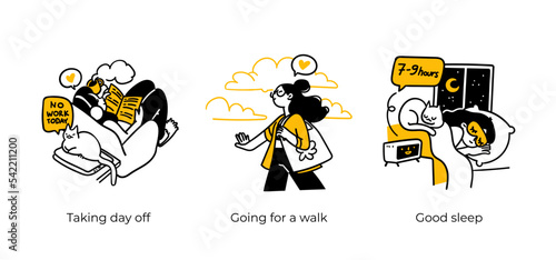 Remote Work Benefits, Limitations and Workflow Organization - abstract business concept illustrations. Taking day off, Going for a walk, Good sleep. Visual stories collection