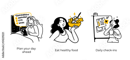 Remote Work Benefits, Limitations and Workflow Organization - abstract business concept illustrations. Plan your day, Eat healthy food, Daily check-ins. Visual stories collection