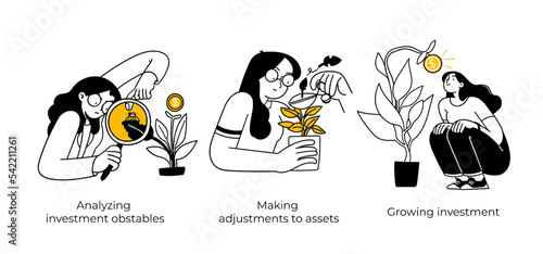 Stock trading, stakeholder, investment, analysis, trader strategy concept illustrations - abstract business concept illustrations. Analyzing investment obstables