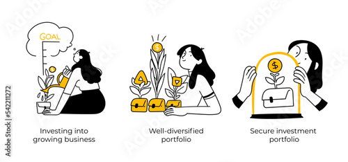 Stock trading, stakeholder, investment, analysis, trader strategy concept illustrations - abstract business concept illustrations. Investing into growing business, Diversified portfolio