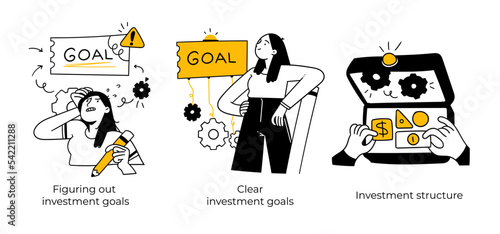 Stock trading, stakeholder, investment, analysis, trader strategy concept illustrations - abstract business concept illustrations. Investment goals, Investment structure. Visual stories collection