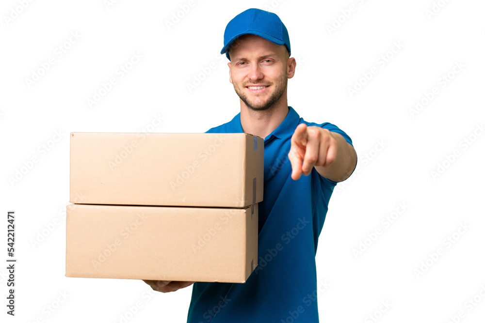 Delivery caucasian man over isolated background pointing front with happy expression Delivery caucasian man over isolated background pointing front with happy expression