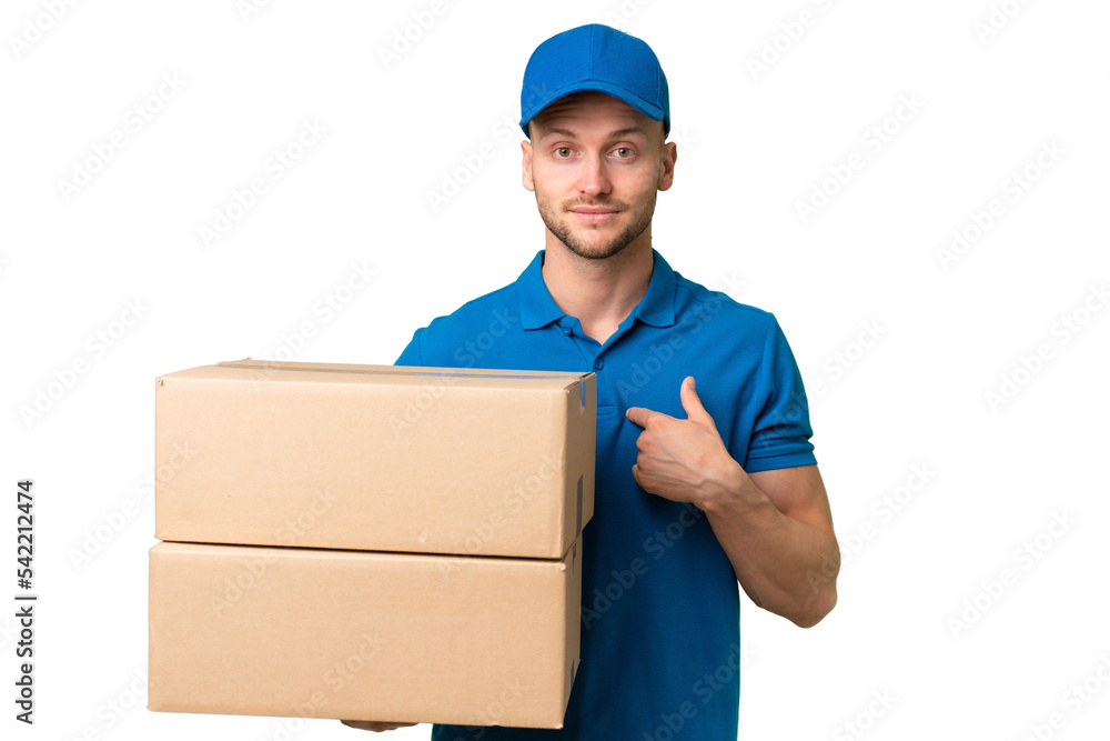 Delivery caucasian man over isolated background with surprise facial expression Delivery caucasian man over isolated background with surprise facial expression