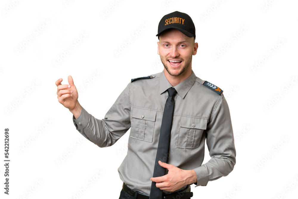 Young security caucasian man over isolated background making guitar gesture Young security caucasian man over isolated background making guitar gesture