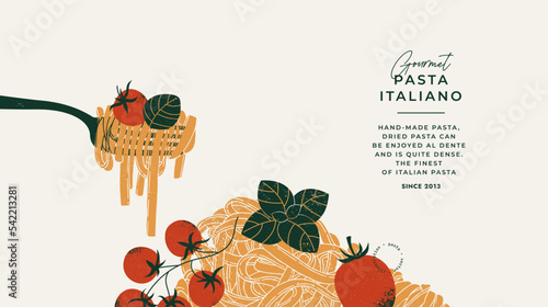 Fettuccine pasta on a fork. Italian food horizontal design template. Textured vintage illustration. Vector illustration
