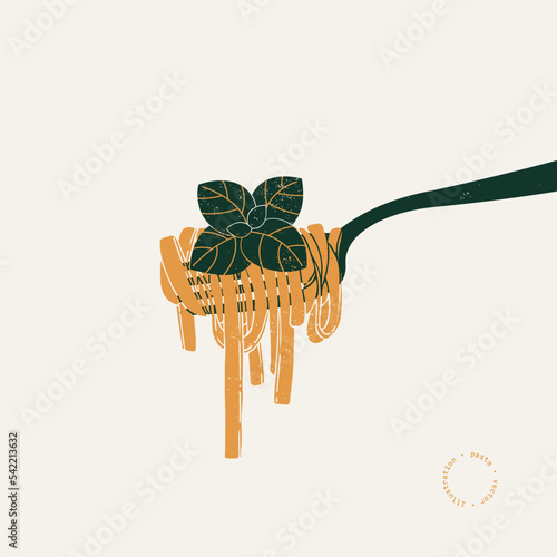 Fettuccine pasta on a fork. Italian food horizontal design template. Textured vintage illustration. Vector illustration