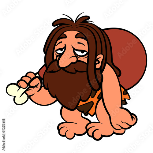 Cartoon illustration of Caveman wearing sabertooth skin outfit and carrying a raw meat to eat. Best for sticker, logo, and mascot with stone age themes for kids