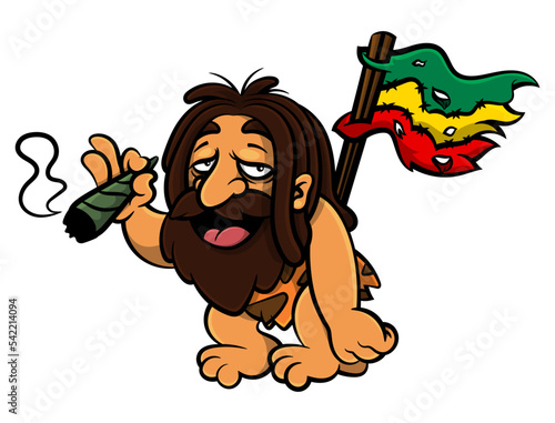 Cartoon illustration of Caveman with dreadlocks hairstyle, wearing sabertooth skin outfit and smoking marijuana. carrying ancient rastafarian flag. Best for sticker and mascot with reggae themes