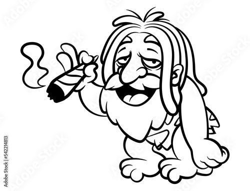 Cartoon illustration of Caveman with dreadlocks hairstyle, wearing sabertooth skin outfit and smoking marijuana. Best for outline, logo, and tattoo with rastafarian themes
