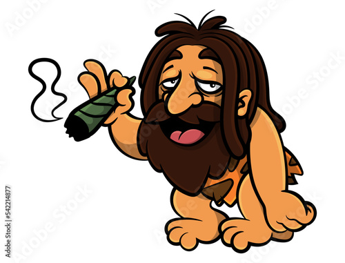 Cartoon illustration of Caveman with dreadlocks hairstyle, wearing sabertooth skin outfit and smoking marijuana. Best for sticker, logo, and mascot with rastafarian themes