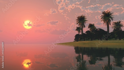 Beach with palm trees at sunset, 3d rendering