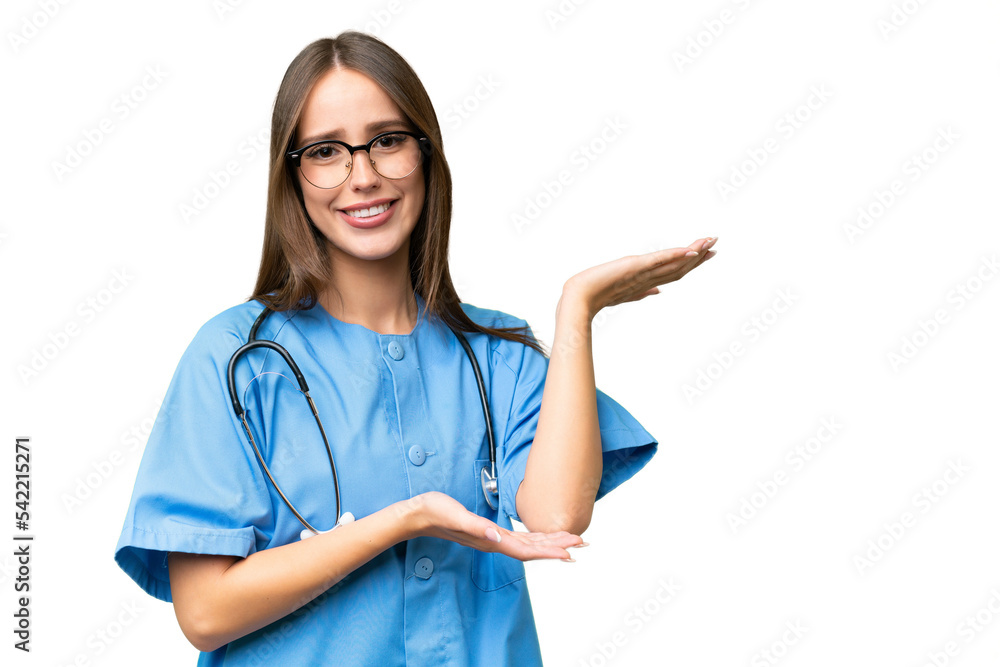 Young nurse caucasian woman over isolated background extending hands to the side for inviting to come Young nurse caucasian woman over isolated background extending hands to the side for inviting to come