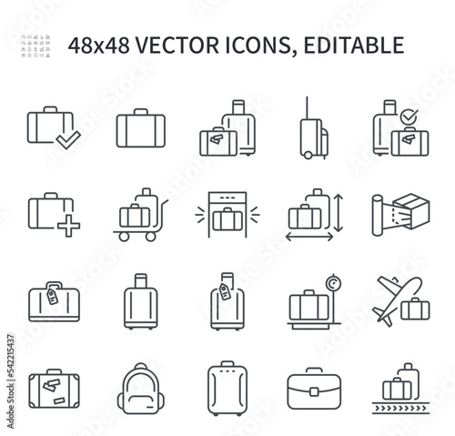  Simple vector line icons. On Luggage Theme Contains Such Icons As Bags Size, Backpack, Air Baggage, Check And More.