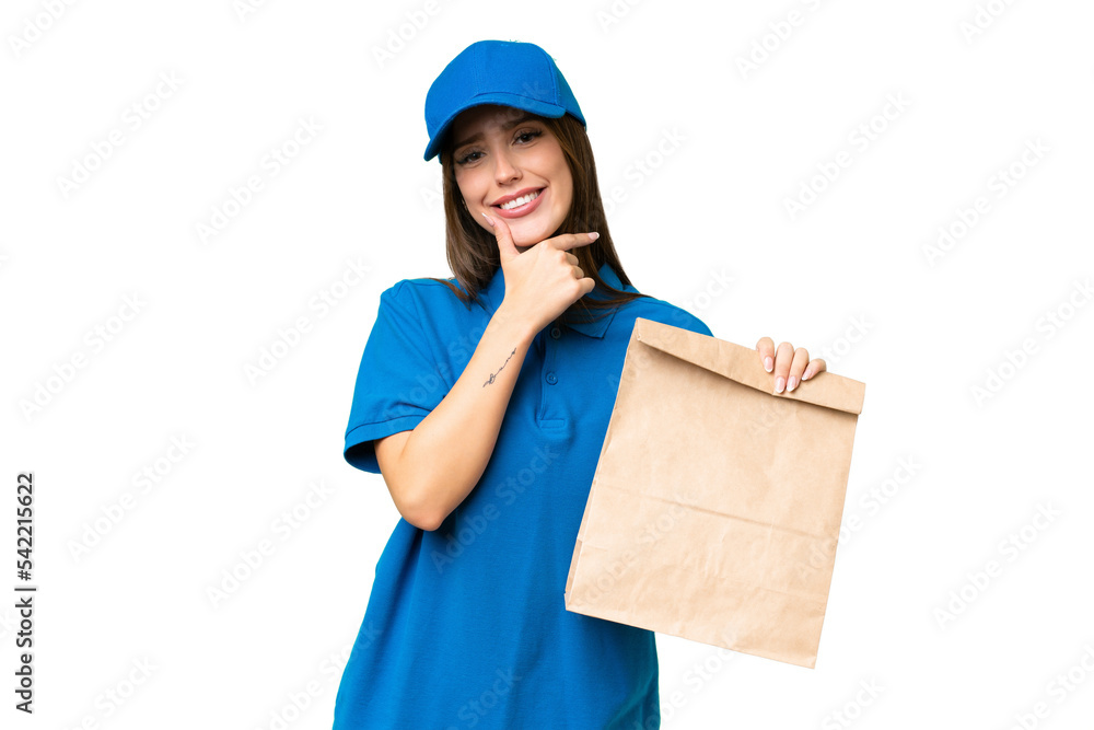 Young beautiful caucasian woman taking a bag of takeaway food over isolated background happy and smiling Young beautiful caucasian woman taking a bag of takeaway food over isolated background happy and smiling