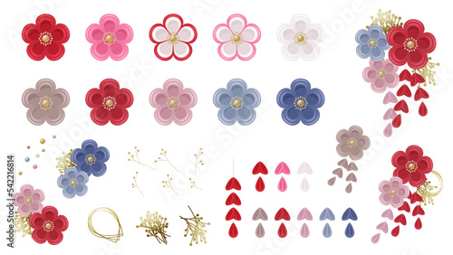 梅の花のつまみ細工のイラスト素材セット