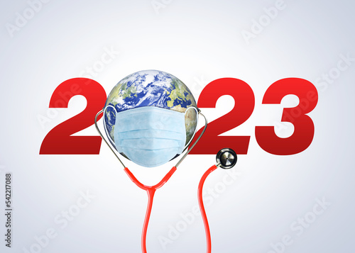 New year 2023 health care concept. health care for covid-19 in 2023. coronavirus Omicron variant will be available on 2023. 2023-new year with doctor and healthcare concept 3d background. 