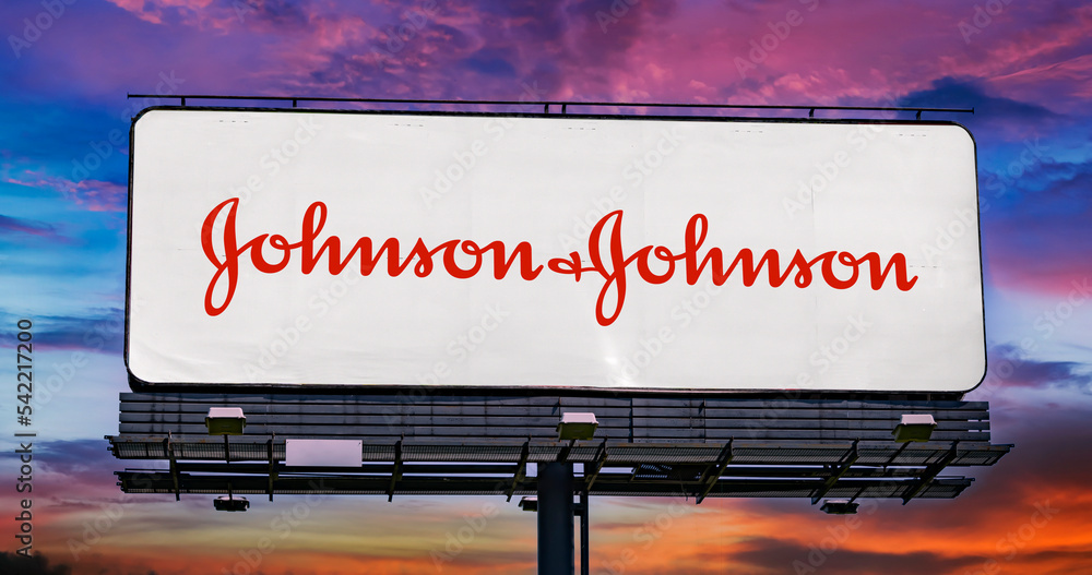 Advertisement billboard displaying logo of Johnson and Johnson Stock