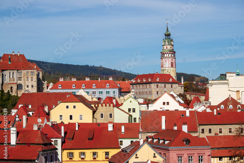 Wallpaper Mural Picturesque autumn cityscape of Cesky Krumlov overlooking its historic centre and ancient Castle on bank of Vltava river, Czech Republic Torontodigital.ca