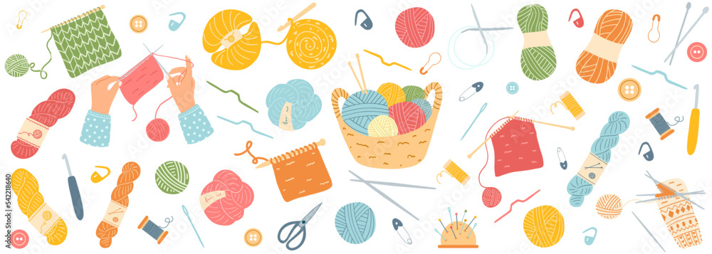 Hand drawn set of knitting accessories. Vector illustration of yarn, pins, buttons, thread, needles, crochet, spool, pincushion, scissors. Concept of hobby, leisure time Hand drawn set of knitting accessories. Vector illustration of yarn, pins, buttons, thread, needles, crochet, spool, pincushion, scissors. Concept of hobby, leisure time