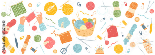 Hand drawn set of knitting accessories. Vector illustration of yarn, pins, buttons, thread, needles, crochet, spool, pincushion, scissors. Concept of hobby, leisure time