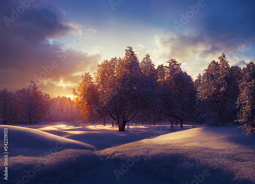 Sunrise in the forest. Winter.  © Fernando