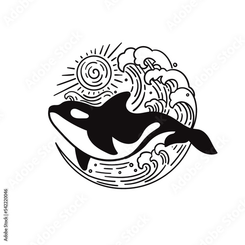 Hand-drawn illustration of a orca big whale