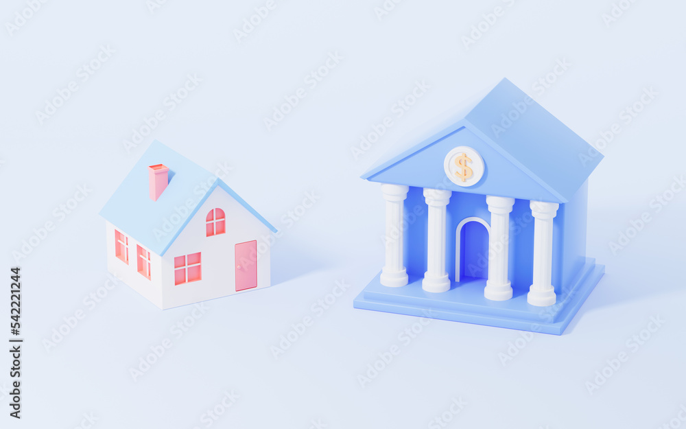 Cartoon house and bank with blue background, 3d rendering. Cartoon house and bank with blue background, 3d rendering.