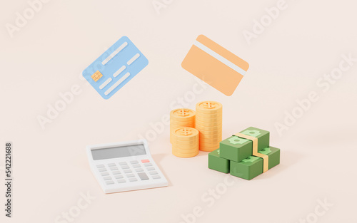 Scattered cash and bank cards with cartoon background, 3d rendering.