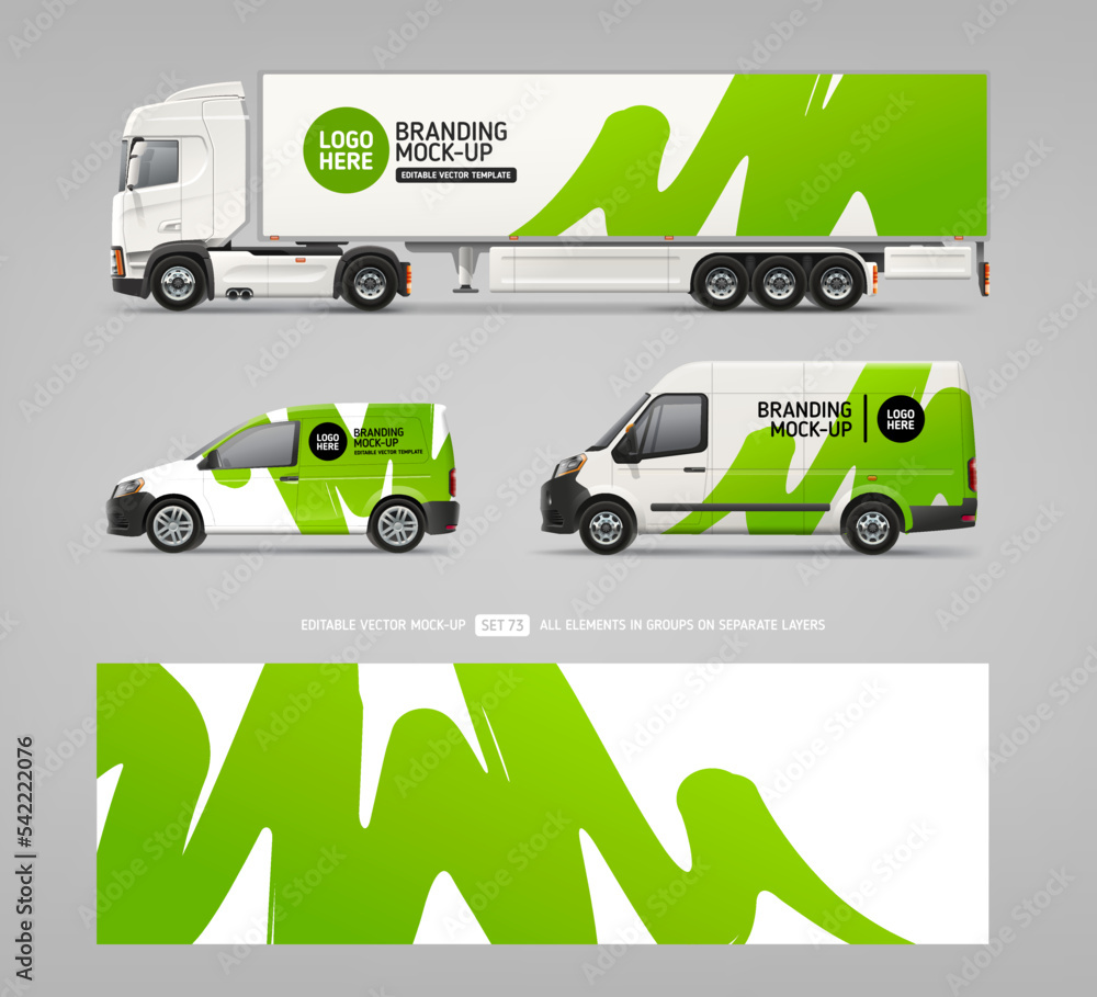Side view Van, Car, Truck vector mockup set. Wrap design for branding and corporate identity vechicle. Abstract graphics of greens for business flyer background. Wrap design. Branding vehicle
Side view Van, Car, Truck vector mockup set. Wrap design for branding and corporate identity vechicle. Abstract graphics of greens for business flyer background. Wrap design. Branding vehicle