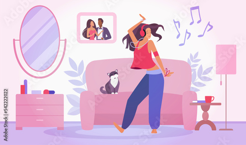 Happy dance and movement of woman at home vector illustration. Cartoon cute scene with girl listening to fun song or music with headphones, enjoying and dancing, funny cat sitting on sofa background