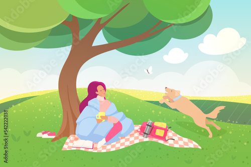 Outdoor picnic at weekend vector illustration. Cartoon happy leisure scene with girl wrapped in warm blanket sitting on mat on green lawn grass under tree, dog playing with butterfly background © lembergvector