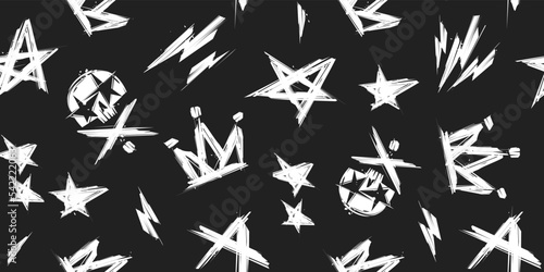 Seamless pattern with Grunge style Rock'n'Roll and Punk abstract elements vector background