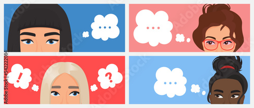 Girls think with bubbles above heads set vector illustration. Cartoon curious young female characters reflect and solve problem, collection of portraits of pensive women with callout balloons