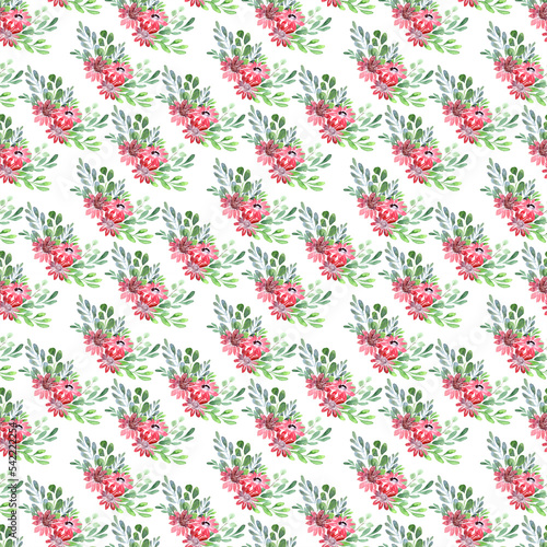 Watercolor seamless pattern with spring flowering plants. Red flowers  branches and leaves