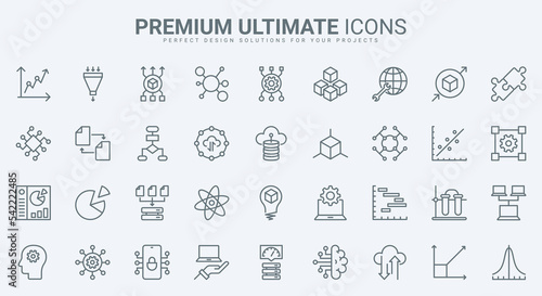 Data report and science model research, deep analysis with AI thin line icons set vector illustration. Abstract outline machine learning, probability calculation, algorithms and system prediction