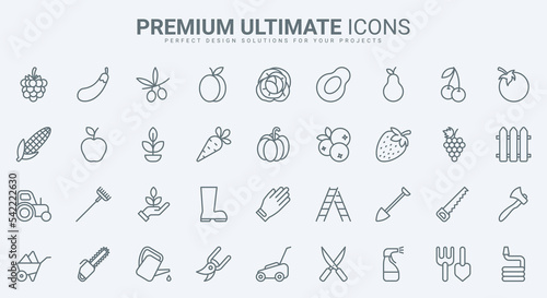 Garden tools and agriculture thin line icons set vector illustration. Abstract outline electric equipment, gardening tools with handle to care farm plants and lawn grass, vegetables and fruit