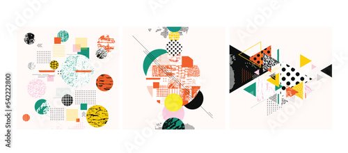 Different textures and shapes collage. Vector illustration. Colorful abstract composition. Creative background for banner, brochure, card, invitation, flyer, placard, poster, report in intense colors	