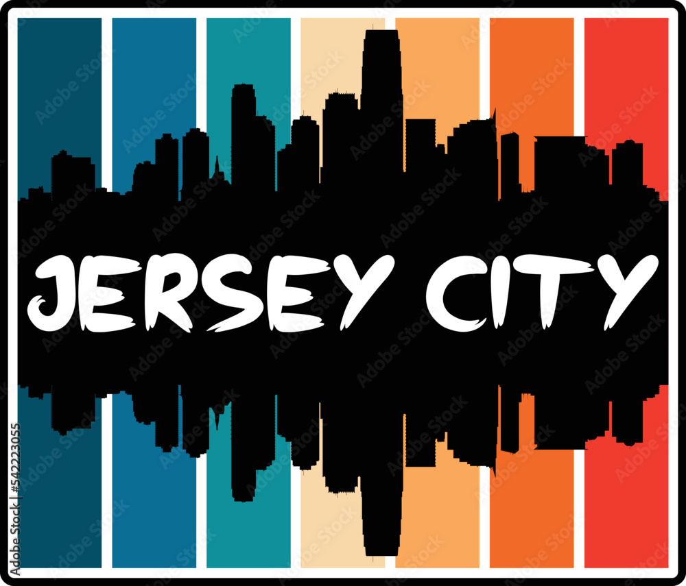 Jersey City New Jersey USA Skyline Sunset Travel Souvenir Sticker Logo Badge Stamp Emblem Coat of Arms Vector Illustration EPS