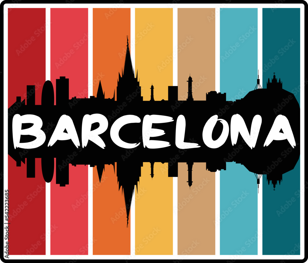 Barcelona Spain Skyline Sunset Travel Souvenir Sticker Logo Badge Stamp Emblem Coat of Arms Vector Illustration EPS
